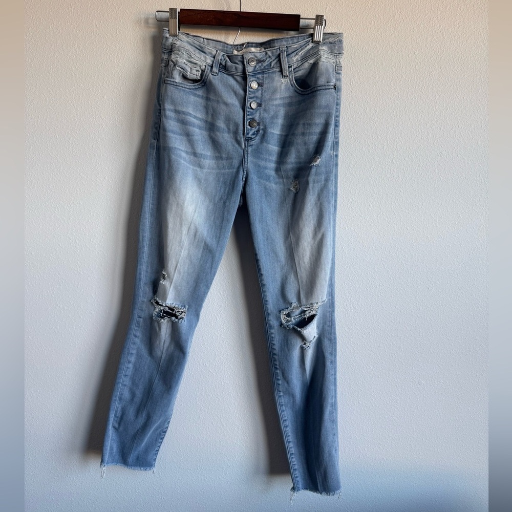 Hidden Women's Button Fly- Distressed Light Wash Blue Denim Basic Jeans Size 28